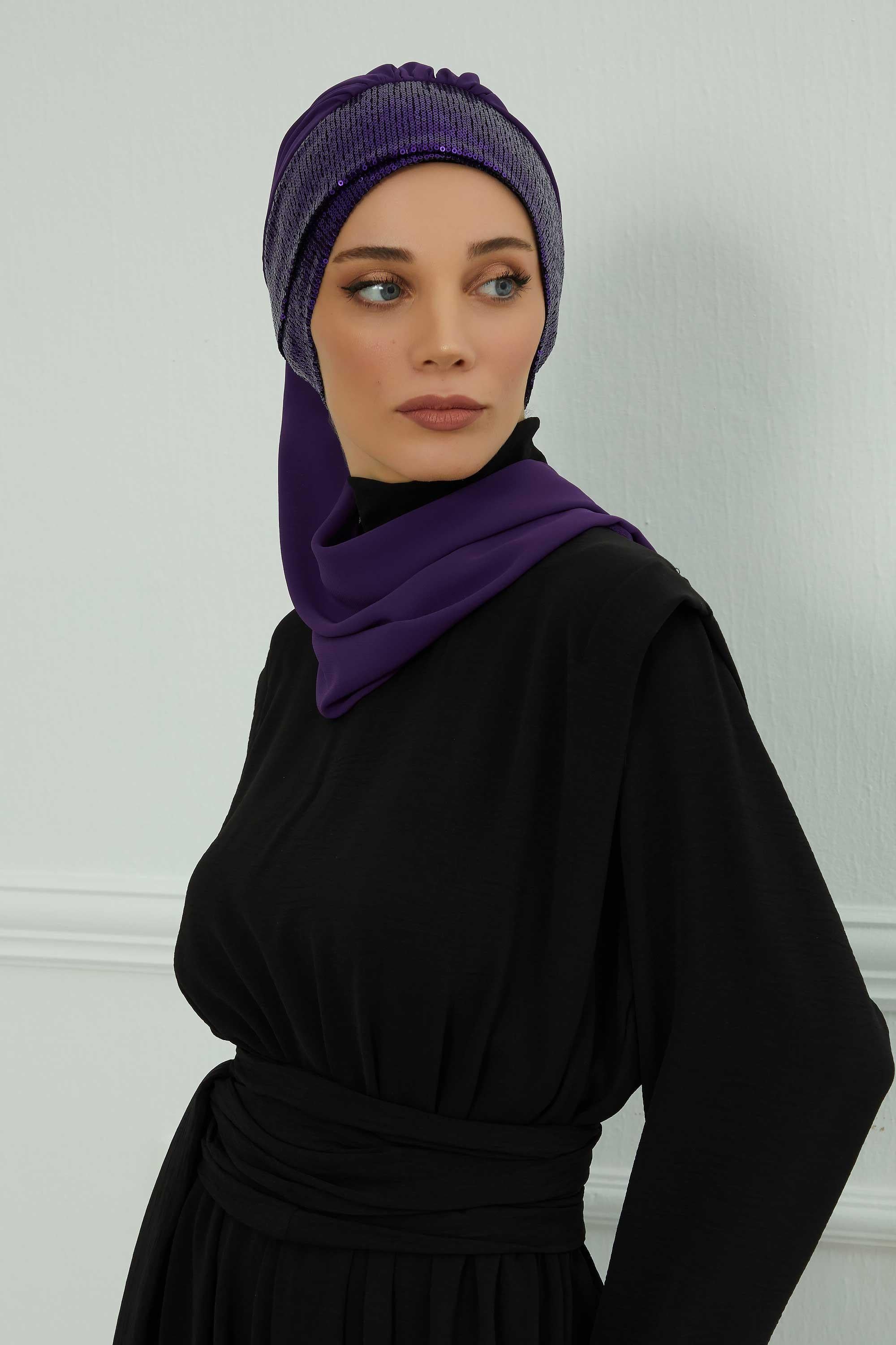 Instant Chiffon Turban with Scarf and Sequin Accessories Shawl for Women Instant Scarf Chiffon Turban Cap Hat Glitter Head Wrap,HT-54P Purple - Purple