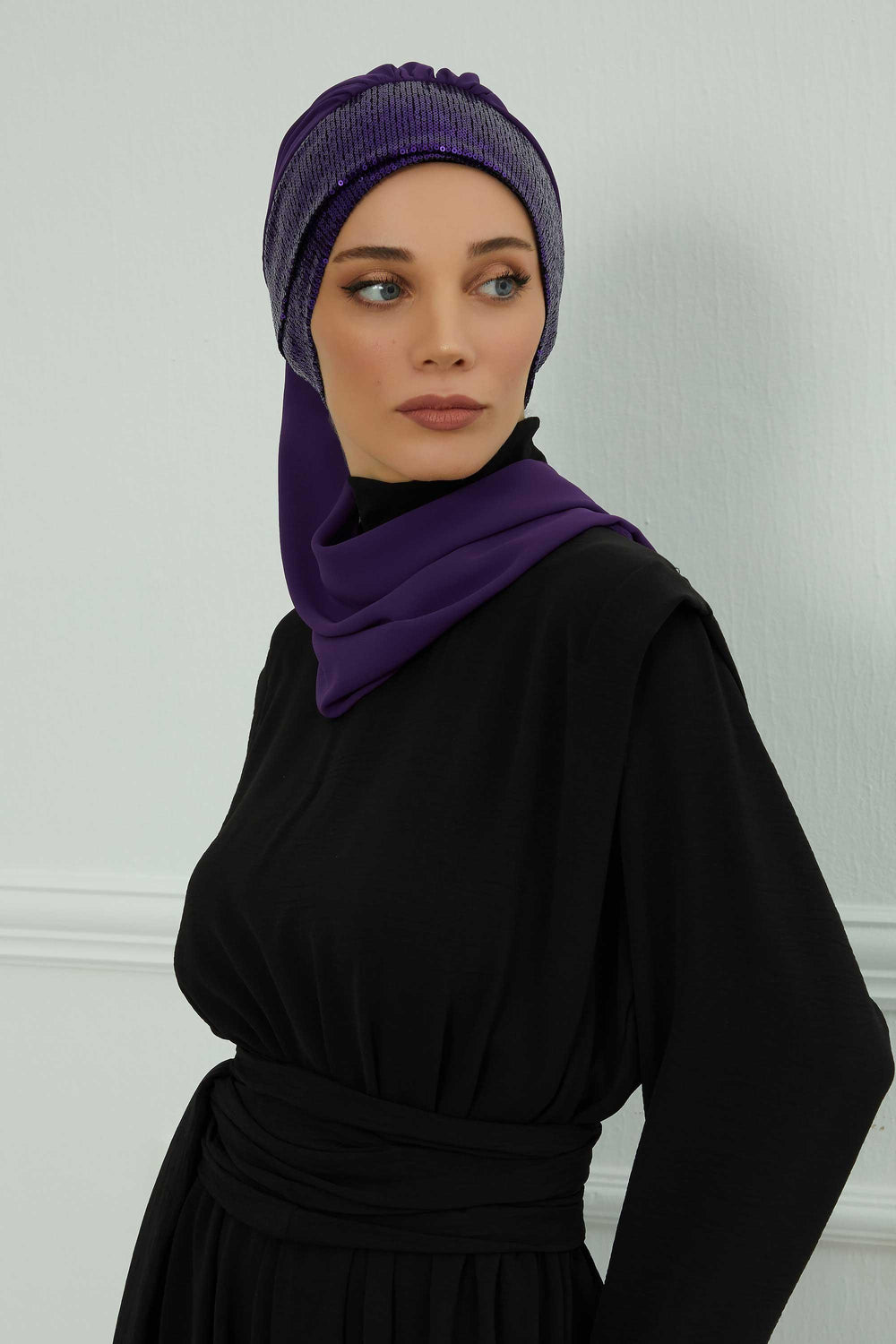 Instant Chiffon Turban with Scarf and Sequin Accessories Shawl for Women Instant Scarf Chiffon Turban Cap Hat Glitter Head Wrap,HT-54P Purple - Purple