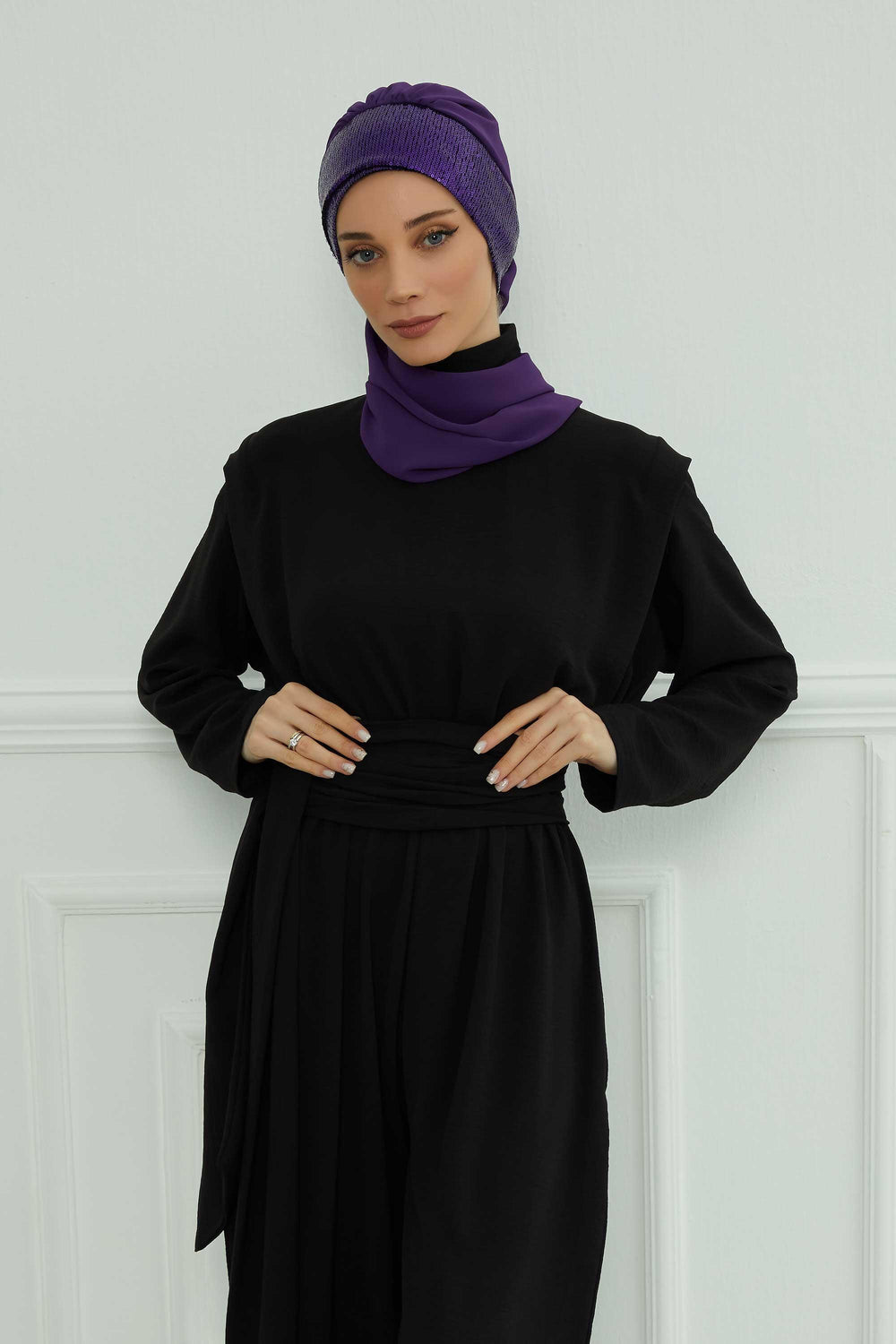 Instant Chiffon Turban with Scarf and Sequin Accessories Shawl for Women Instant Scarf Chiffon Turban Cap Hat Glitter Head Wrap,HT-54P Purple - Purple