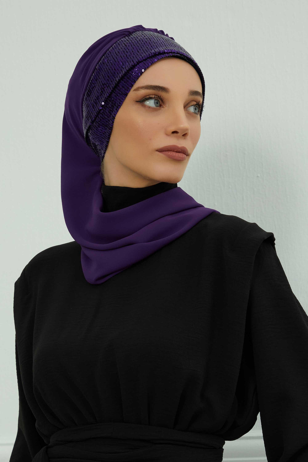 Instant Chiffon Turban with Scarf and Sequin Accessories Shawl for Women Instant Scarf Chiffon Turban Cap Hat Glitter Head Wrap,HT-54P Purple - Purple