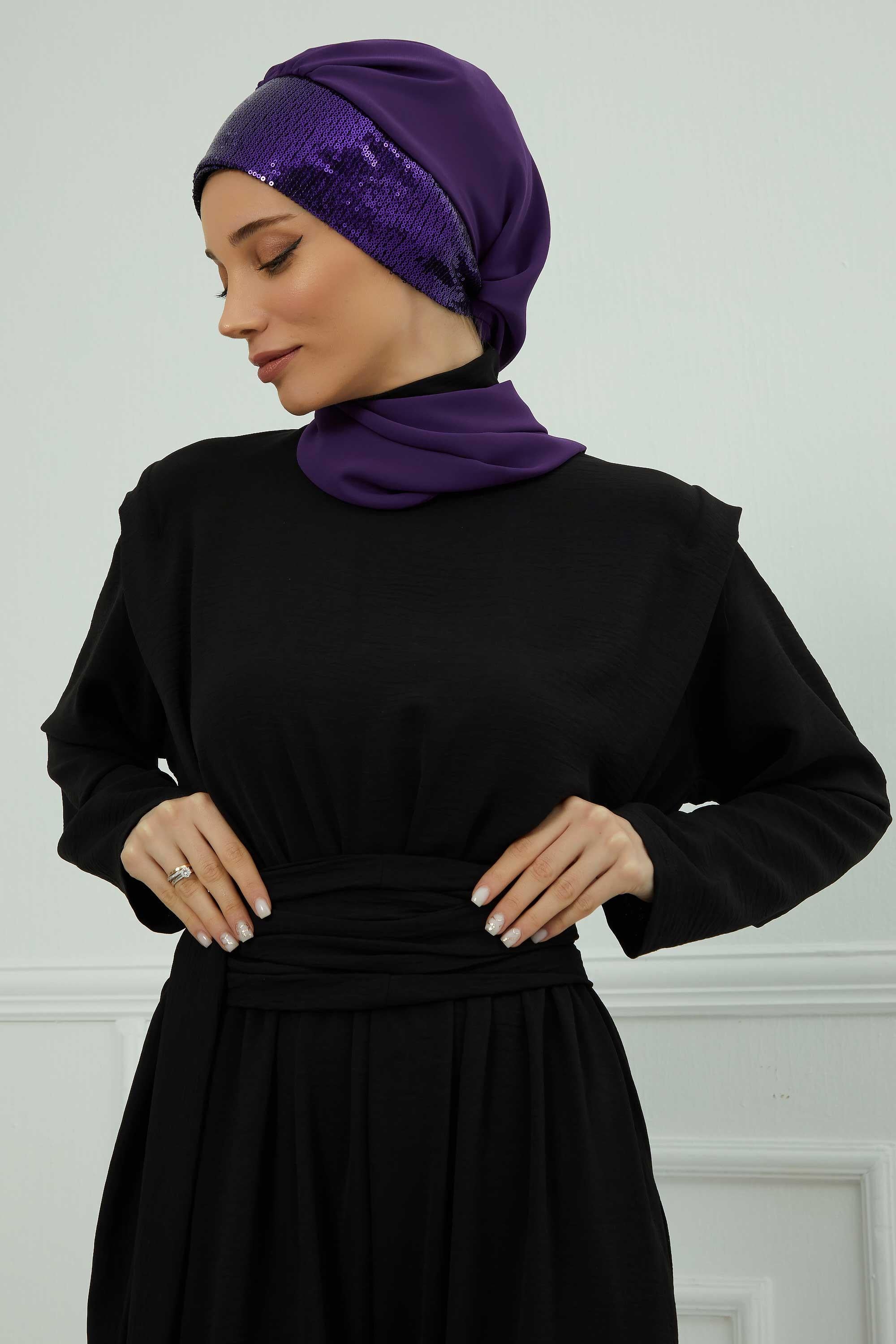 Instant Chiffon Turban with Scarf and Sequin Accessories Shawl for Women Instant Scarf Chiffon Turban Cap Hat Glitter Head Wrap,HT-54P Purple - Purple