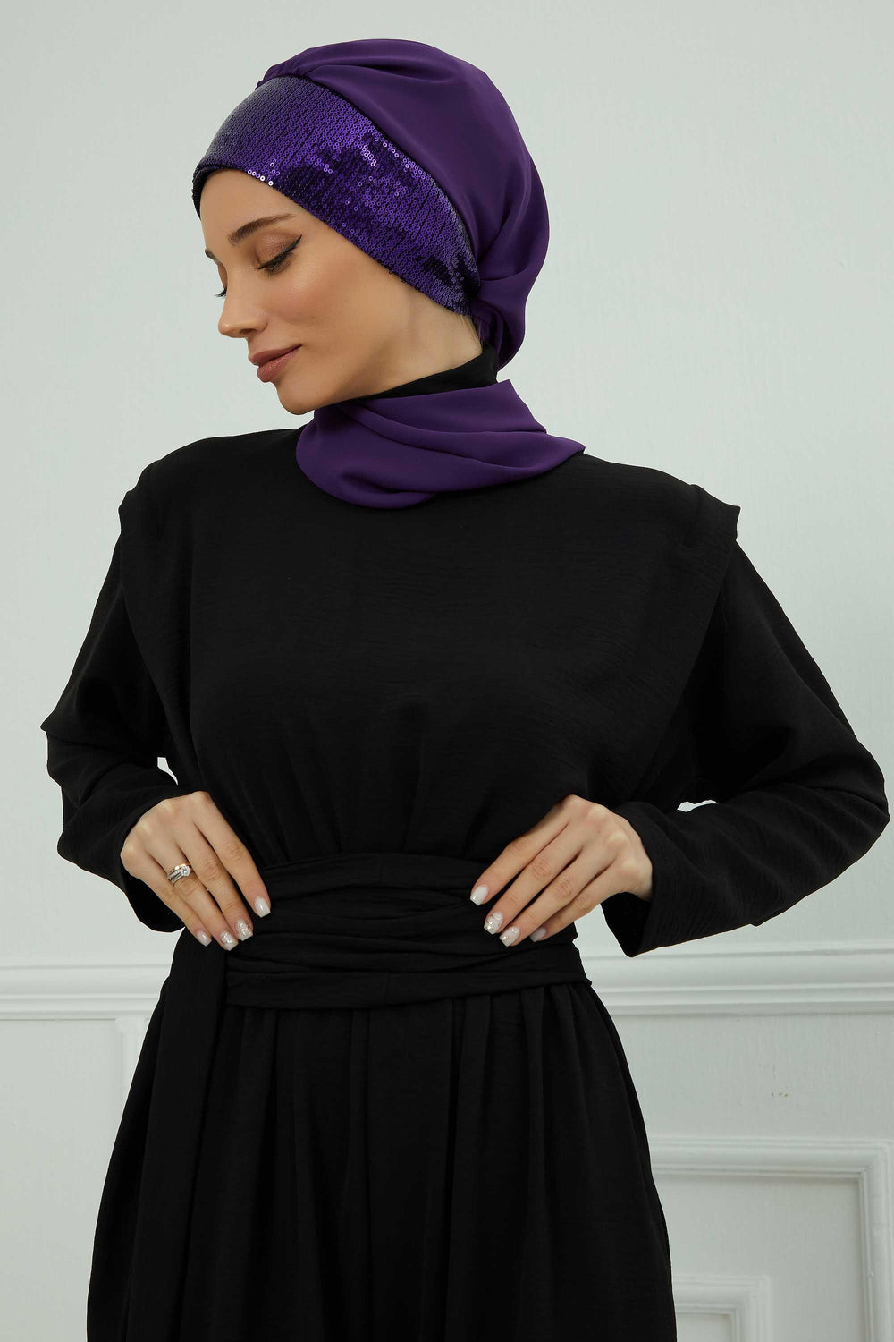 Instant Chiffon Turban with Scarf and Sequin Accessories Shawl for Women Instant Scarf Chiffon Turban Cap Hat Glitter Head Wrap,HT-54P Purple - Purple