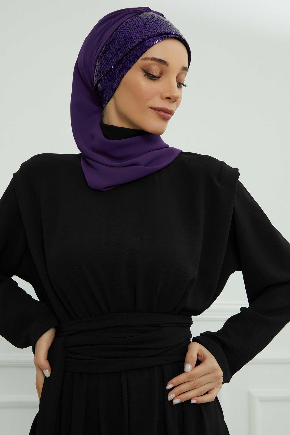 Instant Chiffon Turban with Scarf and Sequin Accessories Shawl for Women Instant Scarf Chiffon Turban Cap Hat Glitter Head Wrap,HT-54P Purple - Purple