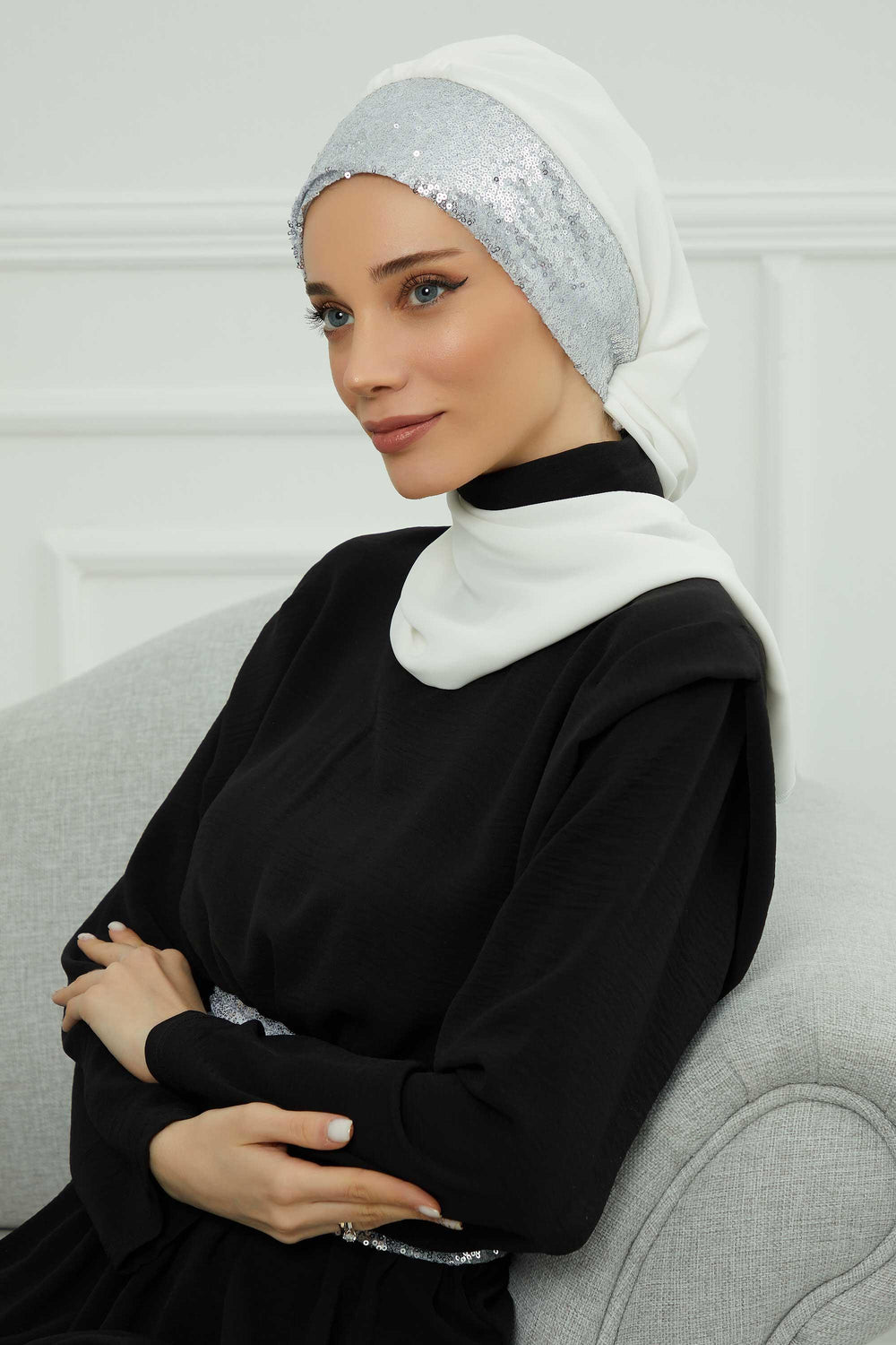 Instant Chiffon Turban with Scarf and Sequin Accessories Shawl for Women Instant Scarf Chiffon Turban Cap Hat Glitter Head Wrap,HT-54P Off-White - Silver