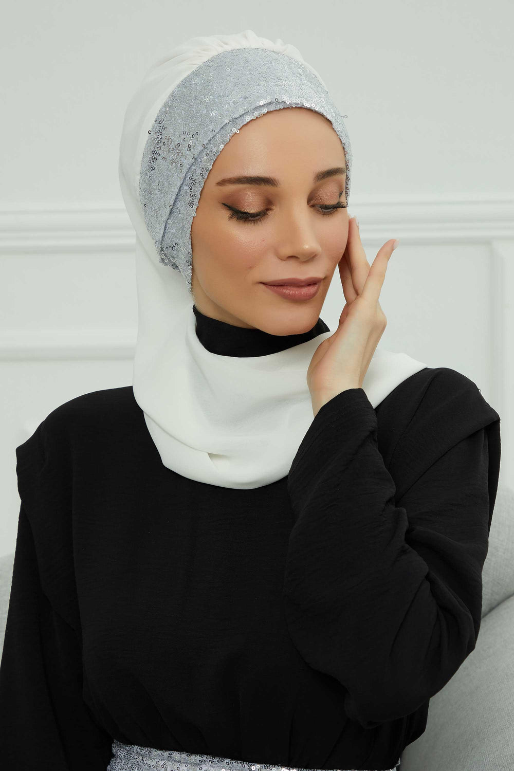 Instant Chiffon Turban with Scarf and Sequin Accessories Shawl for Women Instant Scarf Chiffon Turban Cap Hat Glitter Head Wrap,HT-54P Off-White - Silver