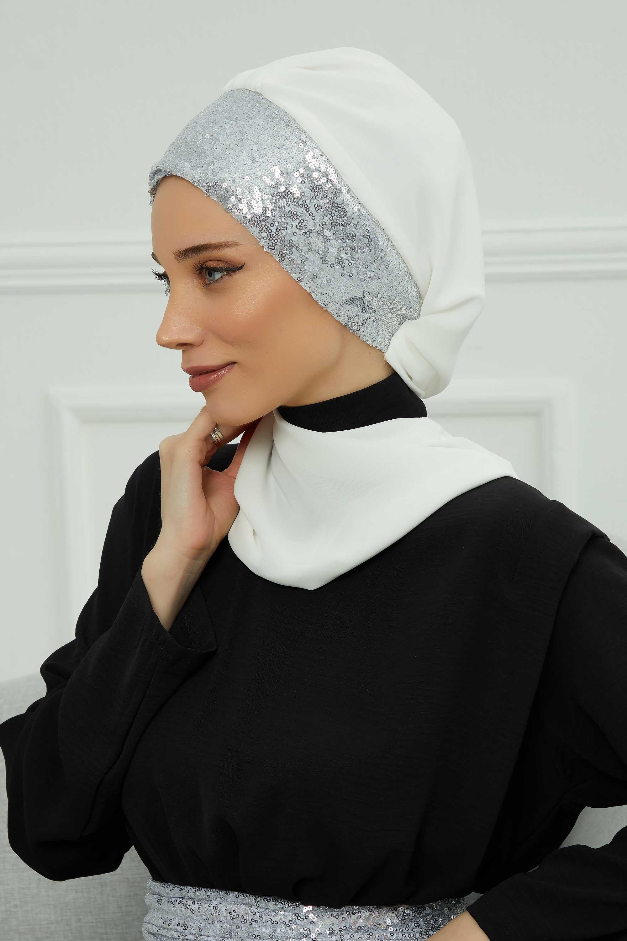 Instant Chiffon Turban with Scarf and Sequin Accessories Shawl for Women Instant Scarf Chiffon Turban Cap Hat Glitter Head Wrap,HT-54P Off-White - Silver