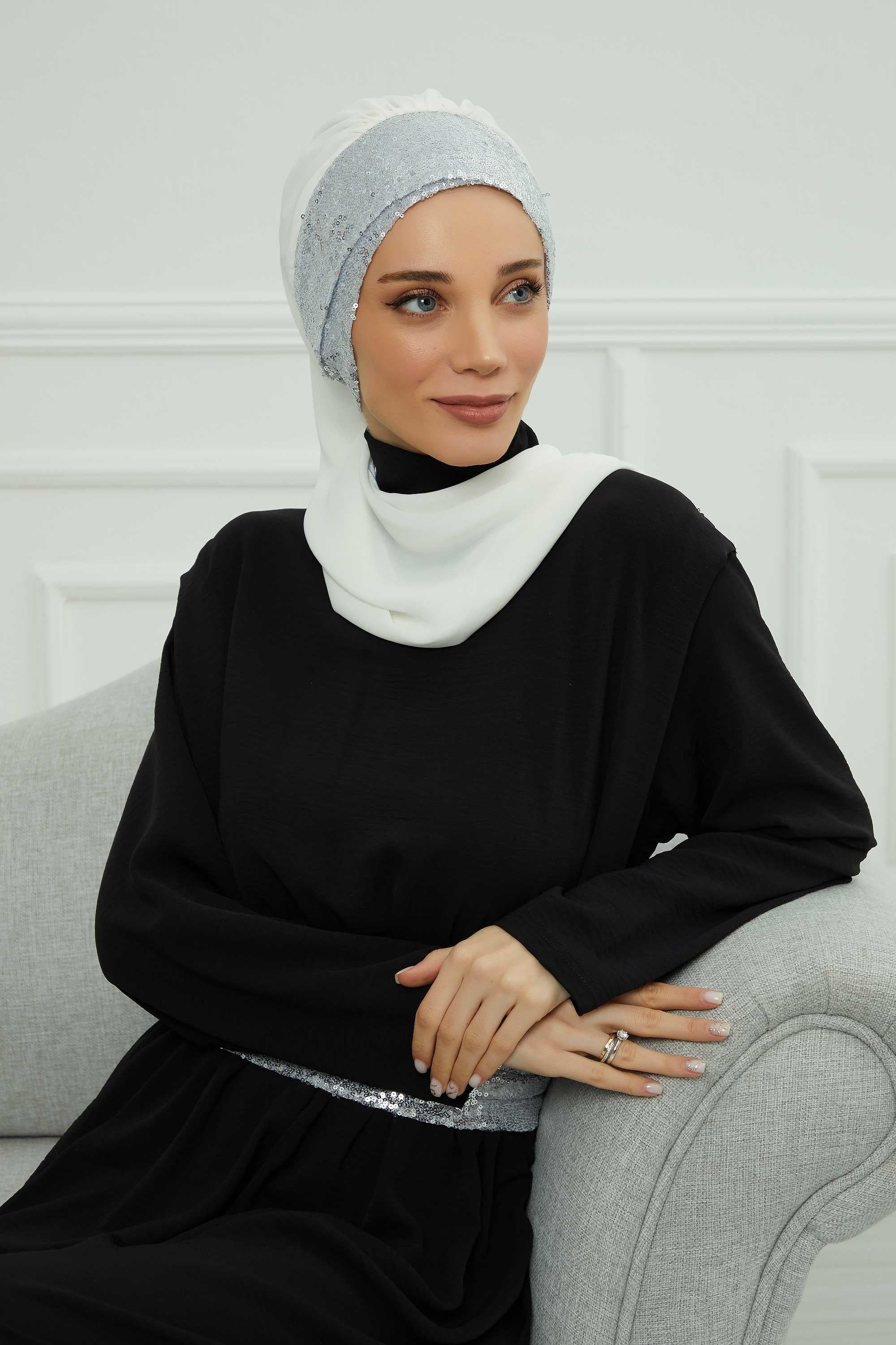 Instant Chiffon Turban with Scarf and Sequin Accessories Shawl for Women Instant Scarf Chiffon Turban Cap Hat Glitter Head Wrap,HT-54P Off-White - Silver