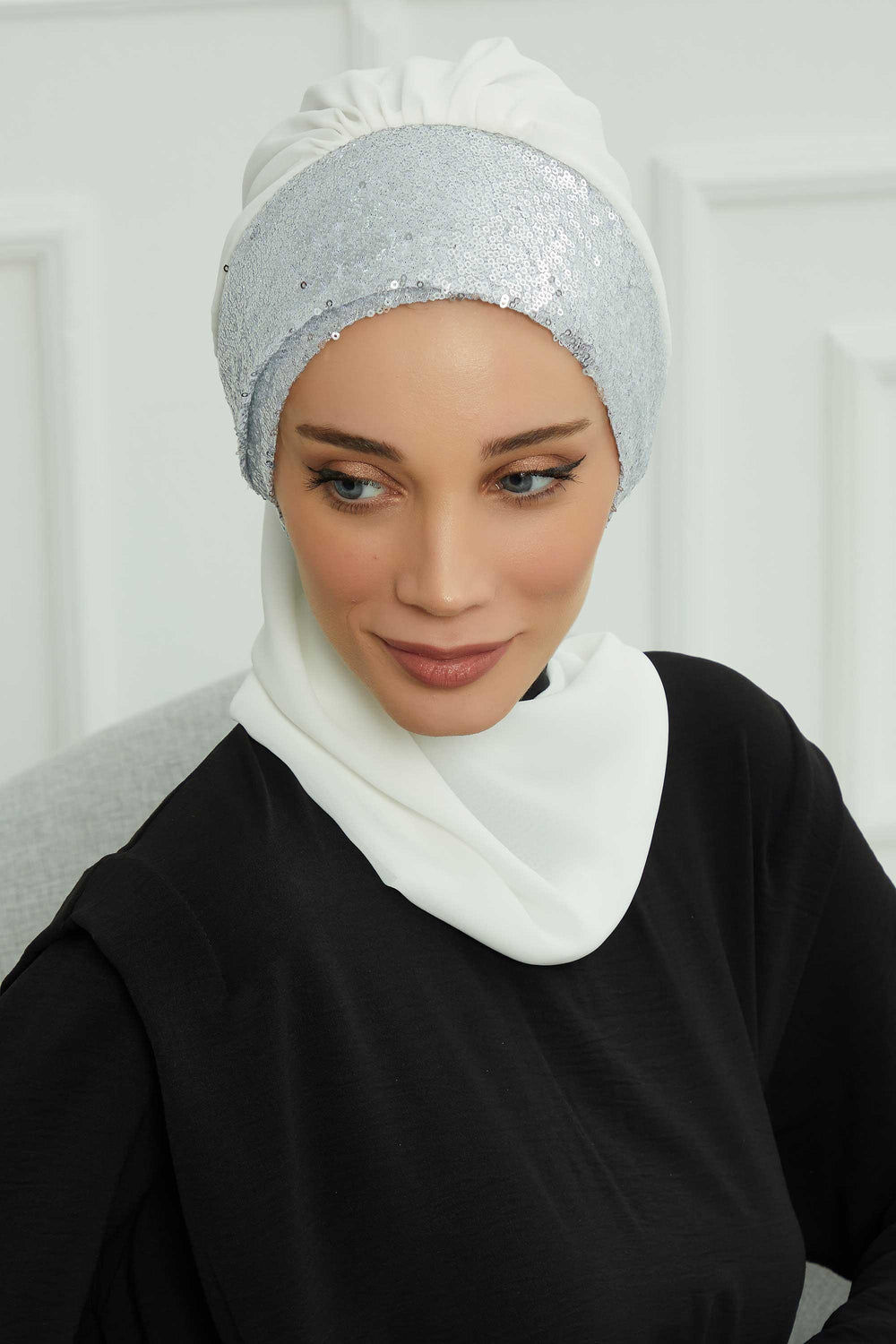 Instant Chiffon Turban with Scarf and Sequin Accessories Shawl for Women Instant Scarf Chiffon Turban Cap Hat Glitter Head Wrap,HT-54P Off-White - Silver