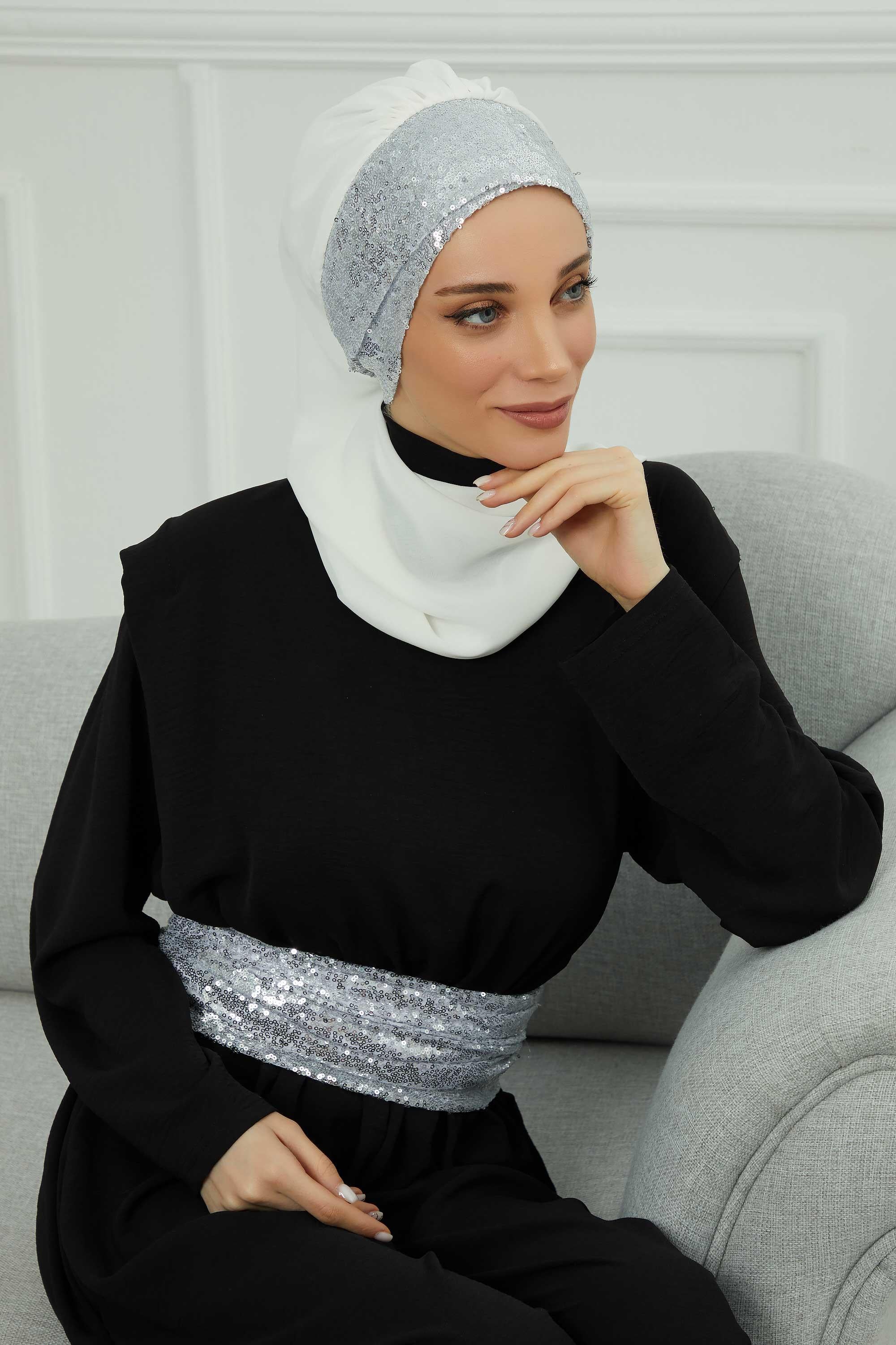 Instant Chiffon Turban with Scarf and Sequin Accessories Shawl for Women Instant Scarf Chiffon Turban Cap Hat Glitter Head Wrap,HT-54P Off-White - Silver