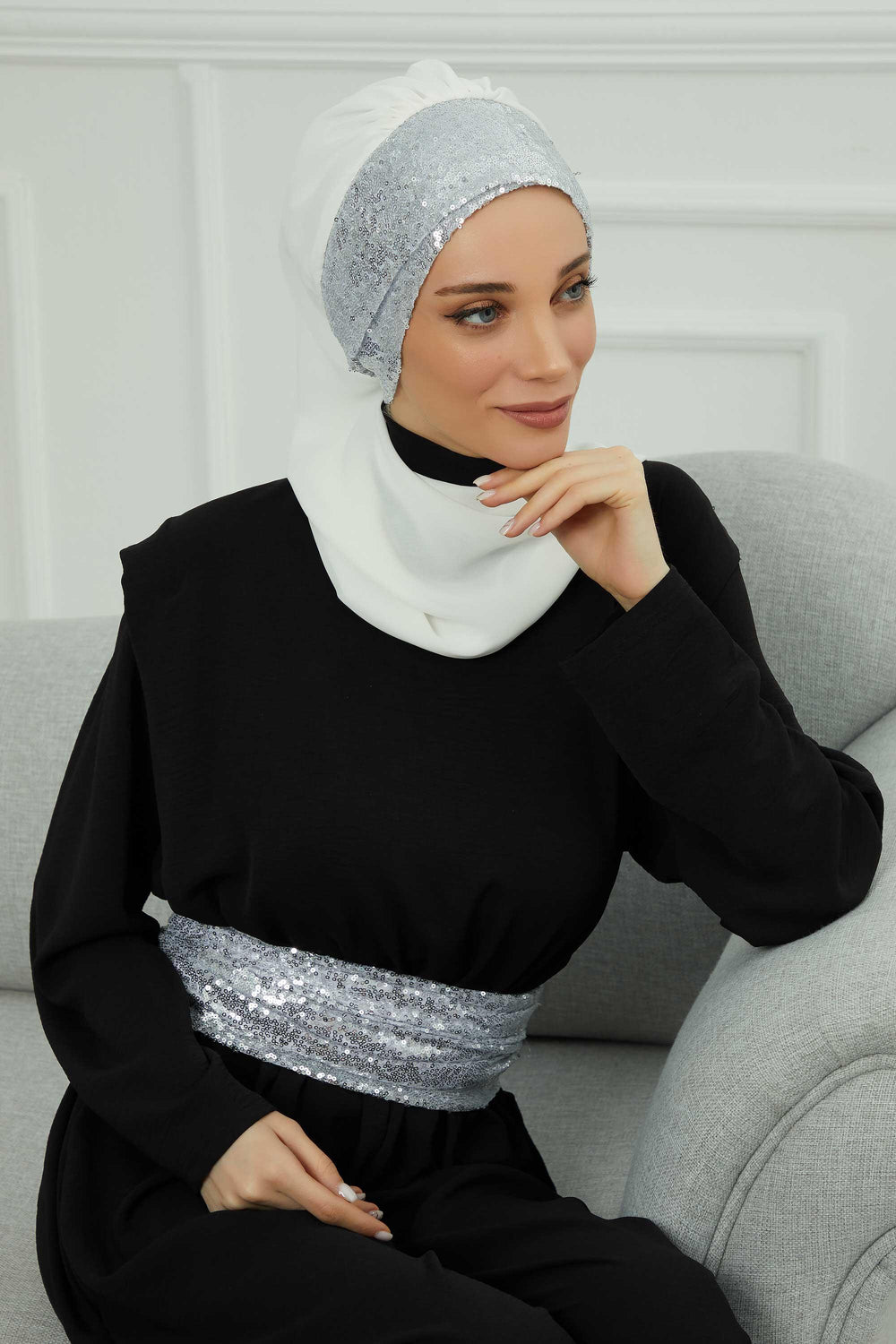 Instant Chiffon Turban with Scarf and Sequin Accessories Shawl for Women Instant Scarf Chiffon Turban Cap Hat Glitter Head Wrap,HT-54P Off-White - Silver