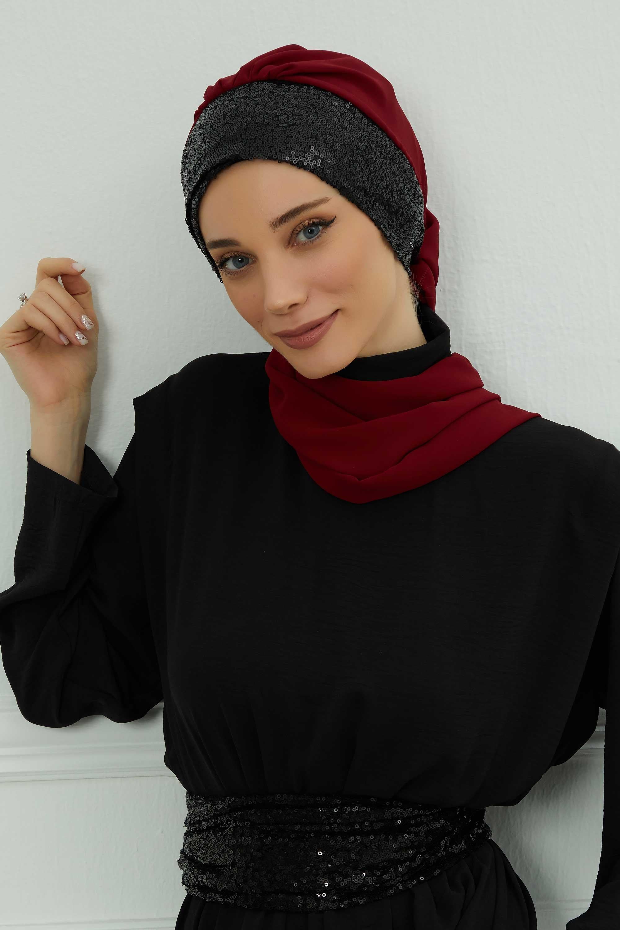 Instant Chiffon Turban with Scarf and Sequin Accessories Shawl for Women Instant Scarf Chiffon Turban Cap Hat Glitter Head Wrap,HT-54P Maroon - Black