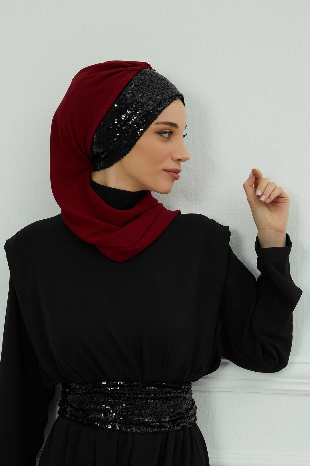 Instant Chiffon Turban with Scarf and Sequin Accessories Shawl for Women Instant Scarf Chiffon Turban Cap Hat Glitter Head Wrap,HT-54P Maroon - Black