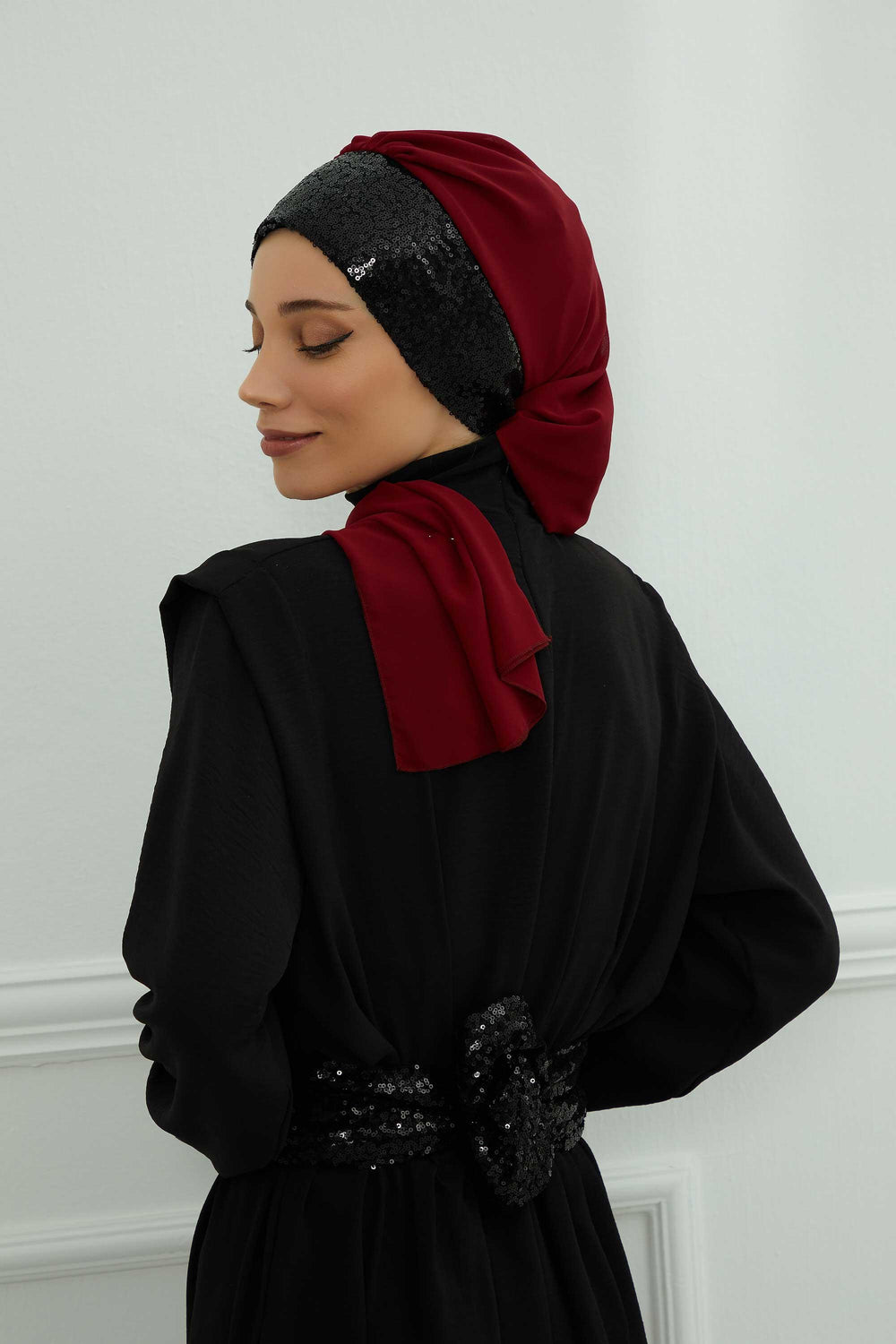 Instant Chiffon Turban with Scarf and Sequin Accessories Shawl for Women Instant Scarf Chiffon Turban Cap Hat Glitter Head Wrap,HT-54P Maroon - Black