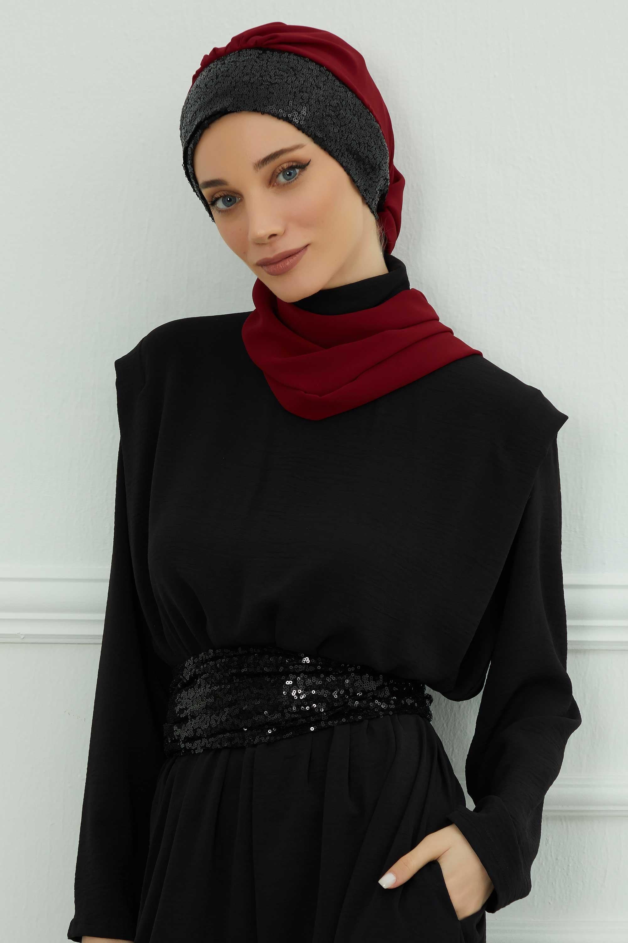 Instant Chiffon Turban with Scarf and Sequin Accessories Shawl for Women Instant Scarf Chiffon Turban Cap Hat Glitter Head Wrap,HT-54P Maroon - Black