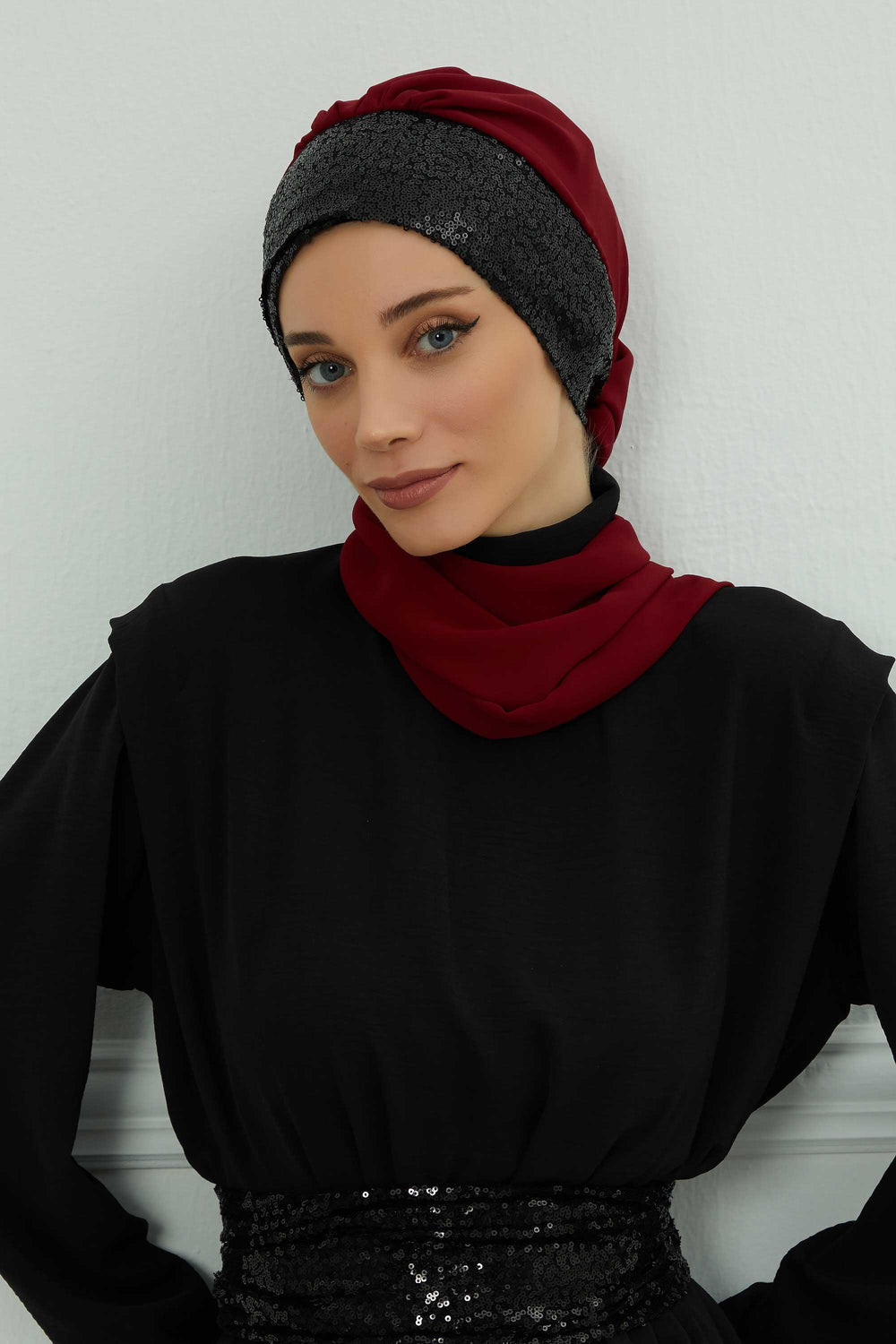 Instant Chiffon Turban with Scarf and Sequin Accessories Shawl for Women Instant Scarf Chiffon Turban Cap Hat Glitter Head Wrap,HT-54P Maroon - Black