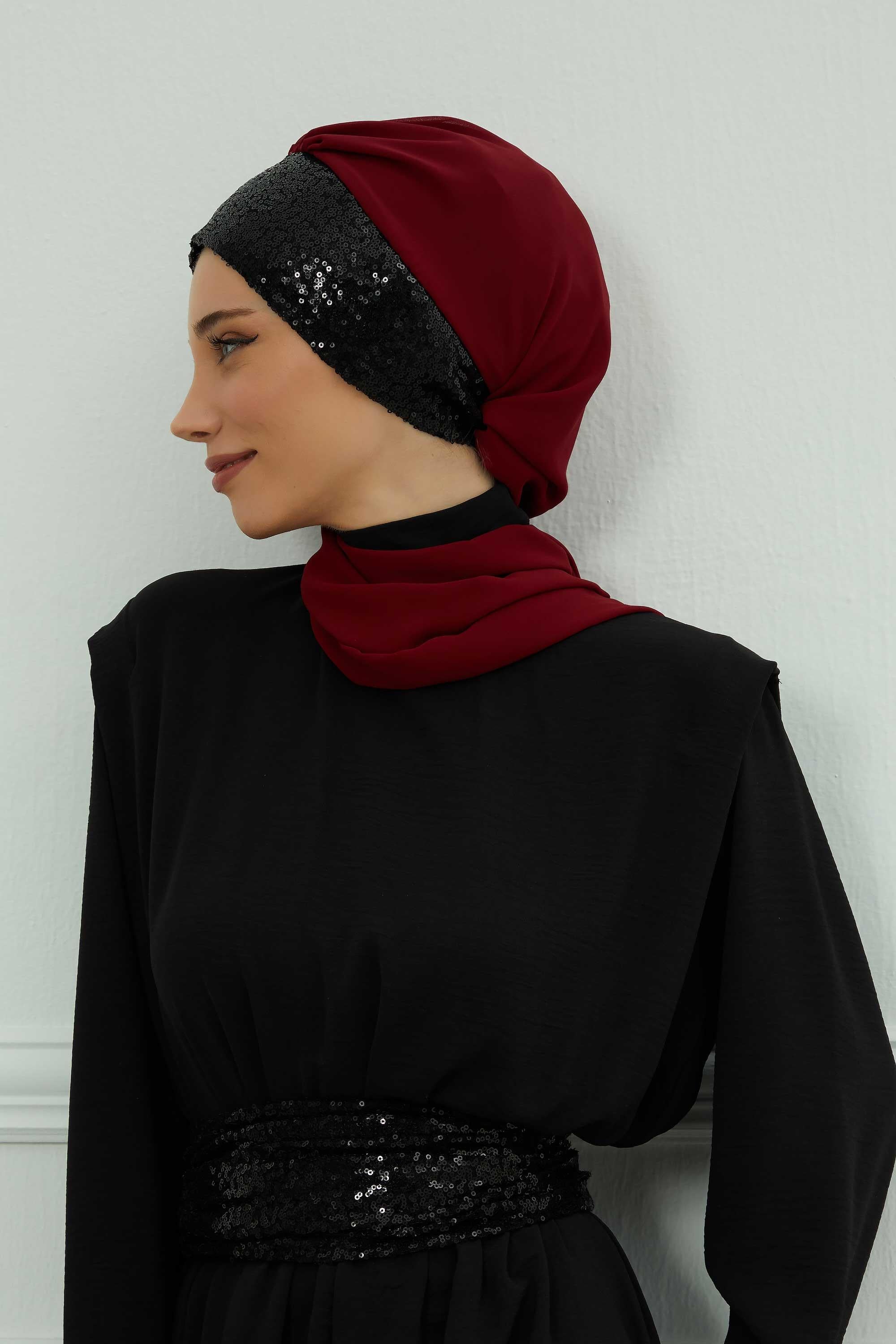 Instant Chiffon Turban with Scarf and Sequin Accessories Shawl for Women Instant Scarf Chiffon Turban Cap Hat Glitter Head Wrap,HT-54P Maroon - Black
