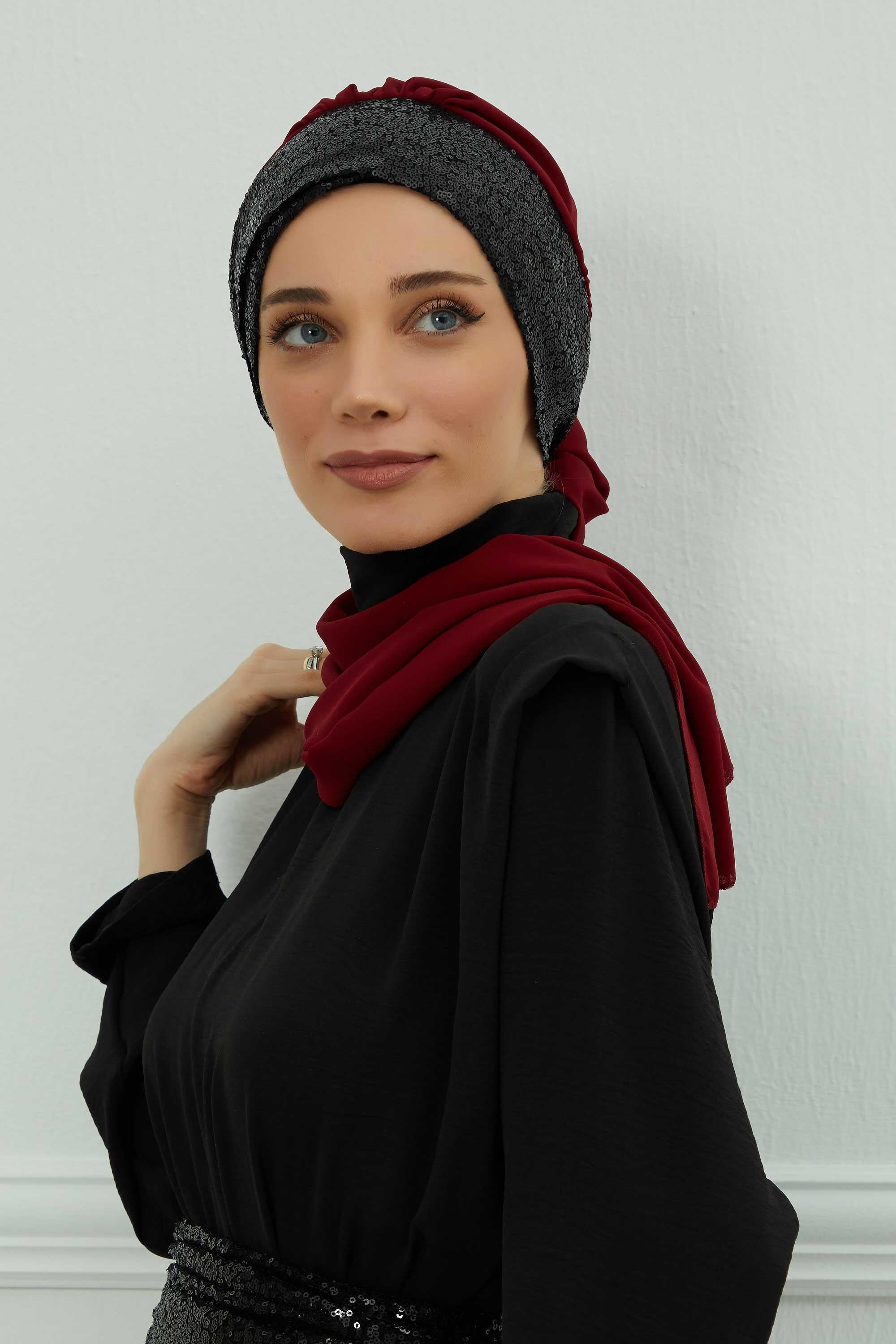Instant Chiffon Turban with Scarf and Sequin Accessories Shawl for Women Instant Scarf Chiffon Turban Cap Hat Glitter Head Wrap,HT-54P Maroon - Black