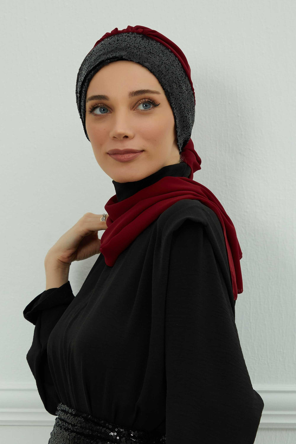 Instant Chiffon Turban with Scarf and Sequin Accessories Shawl for Women Instant Scarf Chiffon Turban Cap Hat Glitter Head Wrap,HT-54P Maroon - Black