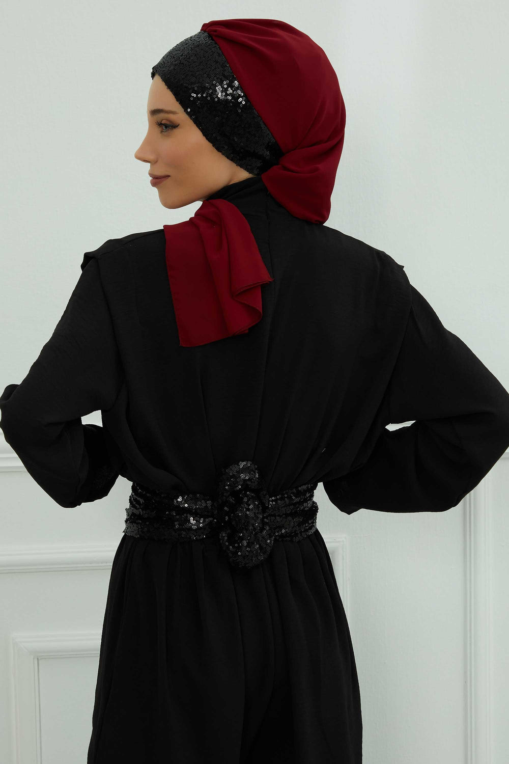 Instant Chiffon Turban with Scarf and Sequin Accessories Shawl for Women Instant Scarf Chiffon Turban Cap Hat Glitter Head Wrap,HT-54P Maroon - Black