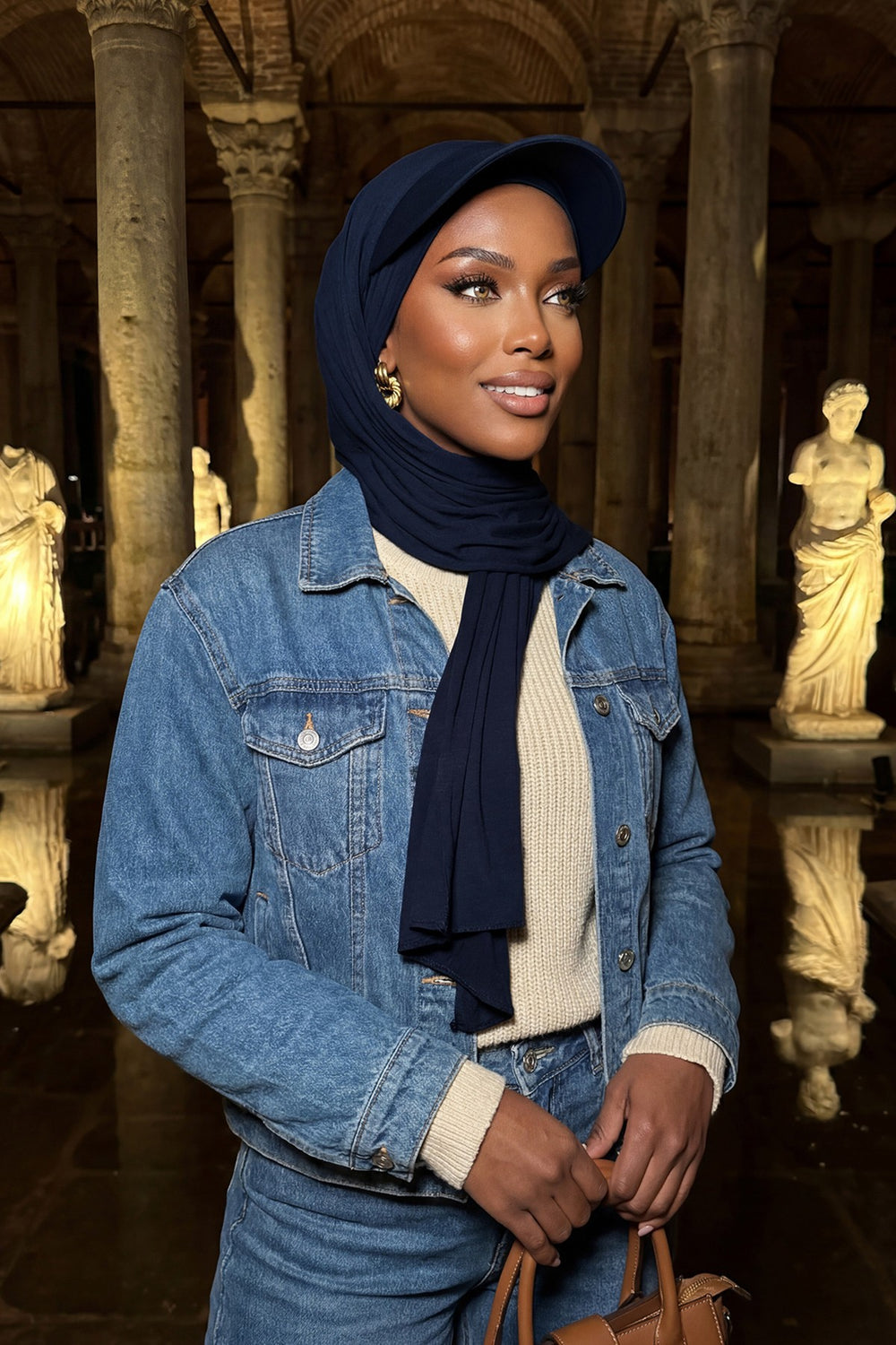 Instant Cotton Shawl Newsboy Scarves 95% Cotton Bandana Women's Cap Turban Visor Stylish Hijab Hat Turban Head Wraps,SS-1 Navy Blue