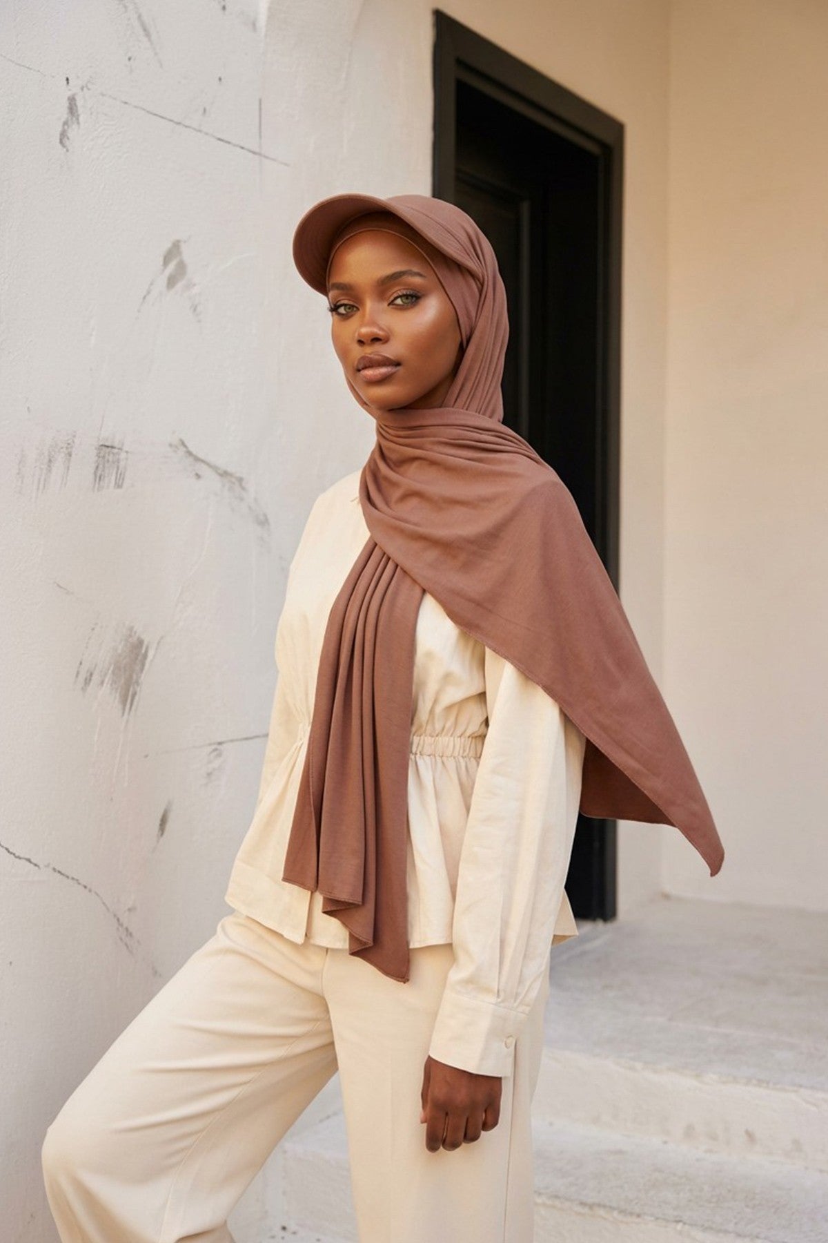 Instant Cotton Shawl Newsboy Scarves 95% Cotton Bandana Women's Cap Turban Visor Stylish Hijab Hat Turban Head Wraps,SS-1 Caramel Brown