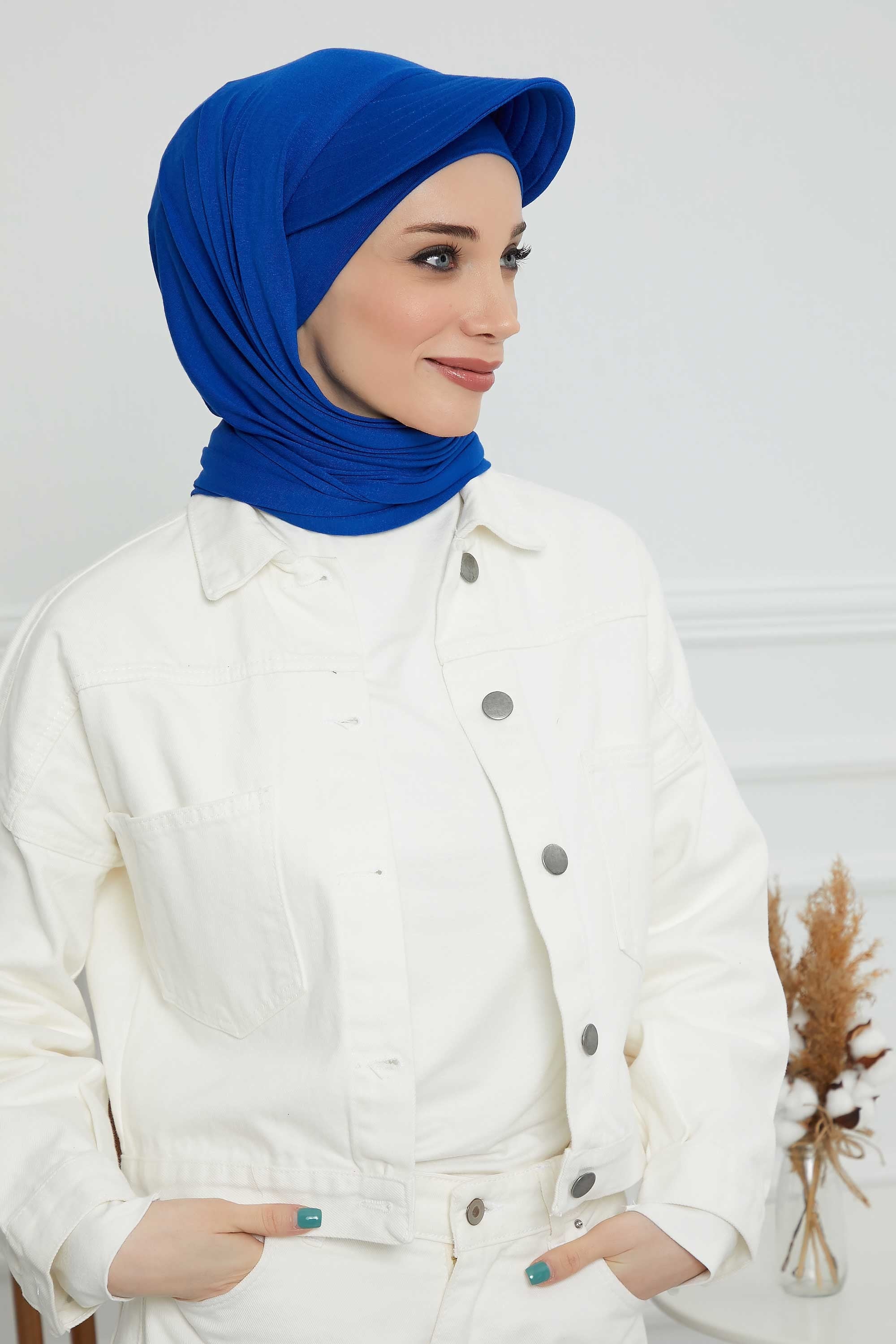 Instant Cotton Shawl Newsboy Scarves 95% Cotton Bandana Women's Cap Turban Visor Stylish Hijab Hat Turban Head Wraps,SS-1 Sax Blue