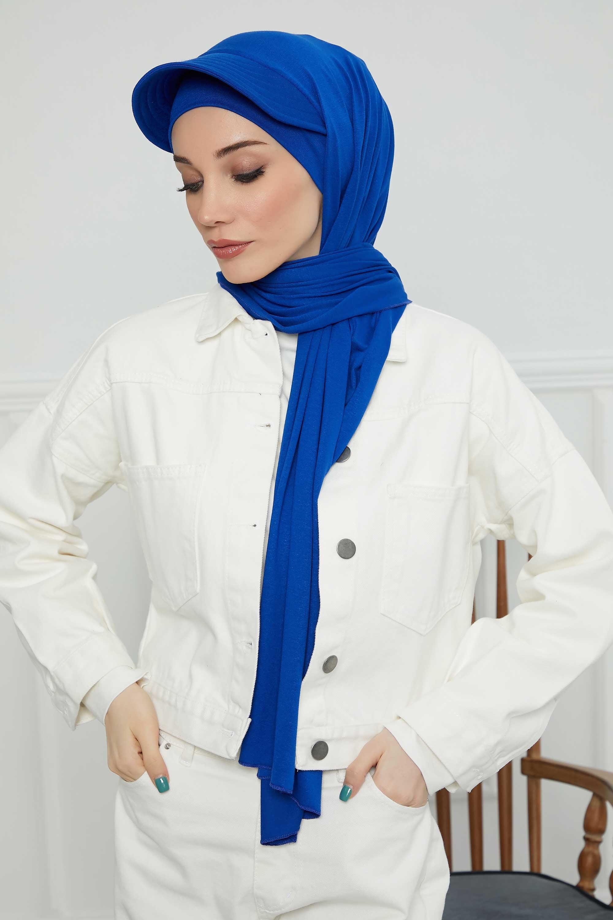 Instant Cotton Shawl Newsboy Scarves 95% Cotton Bandana Women's Cap Turban Visor Stylish Hijab Hat Turban Head Wraps,SS-1 Sax Blue