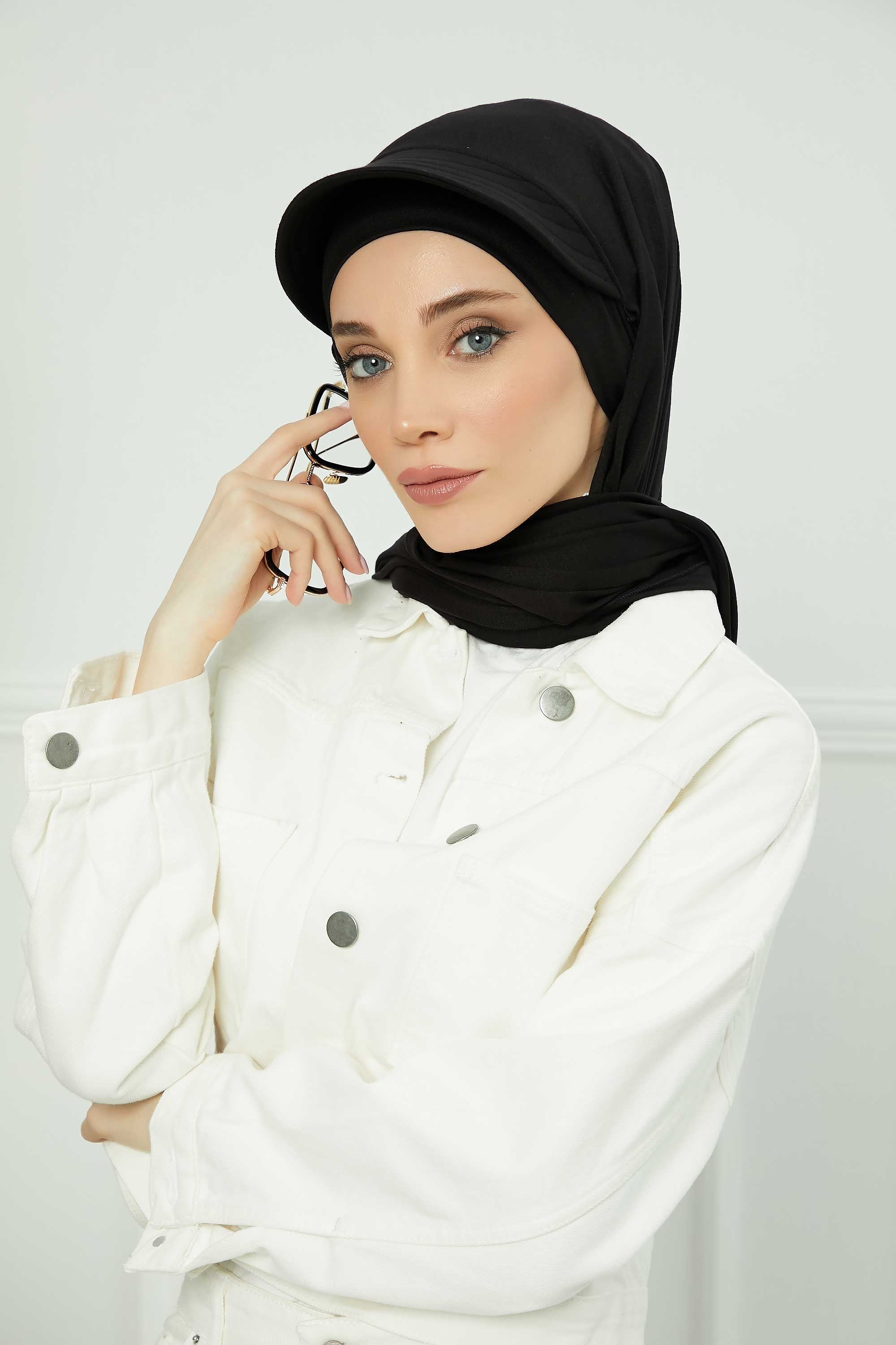 Instant Cotton Shawl Newsboy Scarves 95% Cotton Bandana Women's Cap Turban Visor Stylish Hijab Hat Turban Head Wraps,SS-1 Black