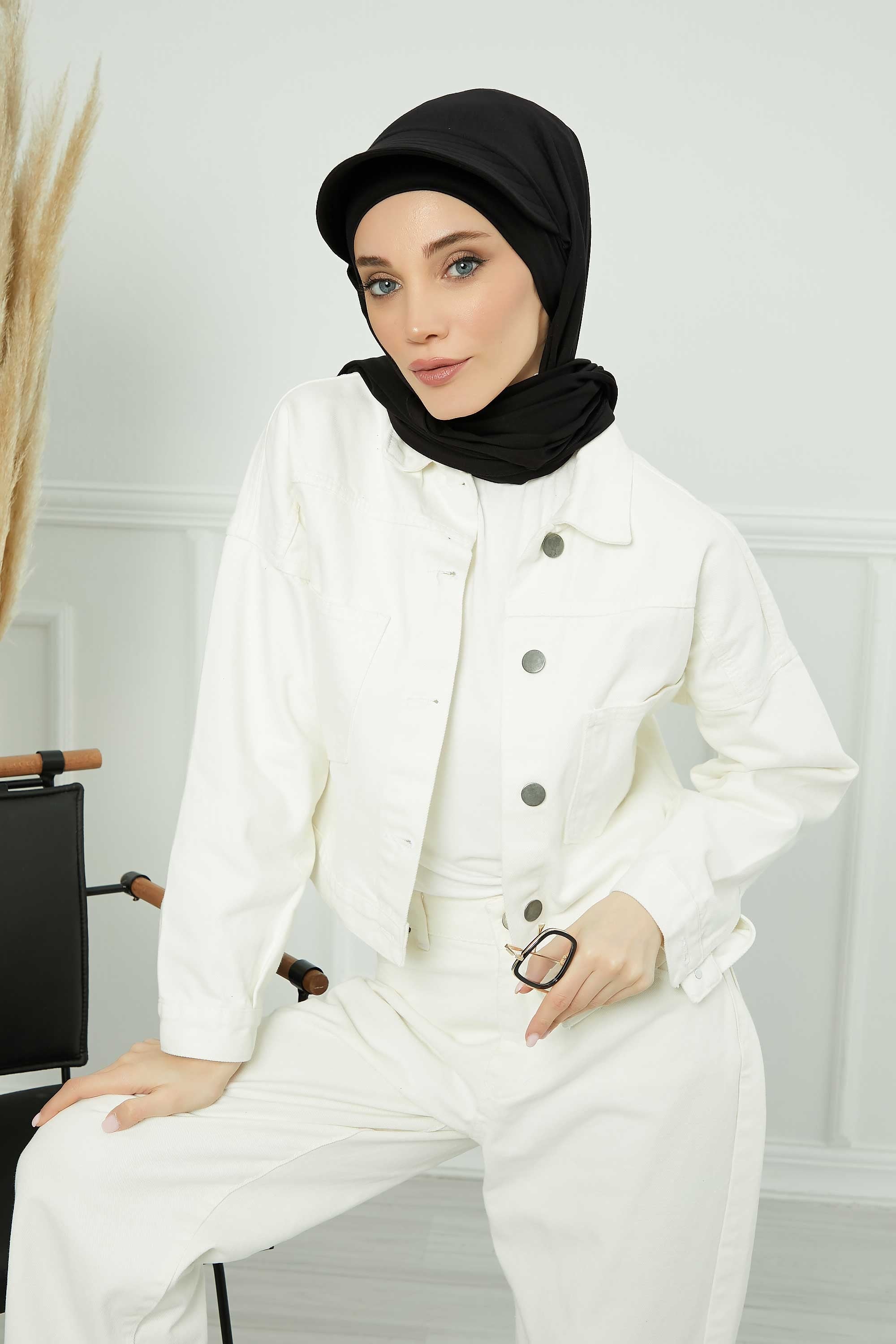Instant Cotton Shawl Newsboy Scarves 95% Cotton Bandana Women's Cap Turban Visor Stylish Hijab Hat Turban Head Wraps,SS-1 Black