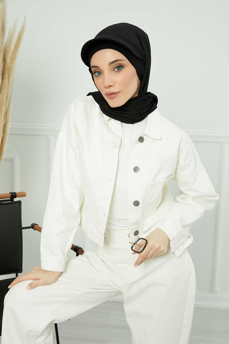 Instant Cotton Shawl Newsboy Scarves 95% Cotton Bandana Women's Cap Turban Visor Stylish Hijab Hat Turban Head Wraps,SS-1 Black