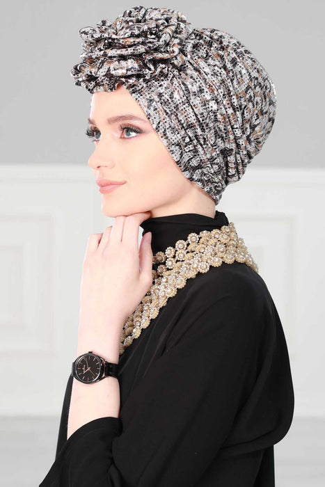 Sequined Rose Detail Instant Turban Hijab for Women, Glittering Fabric Pre-Tied Head Wrap Hijab, Fashionable Chemo & Alopecia Headwear,B-21K