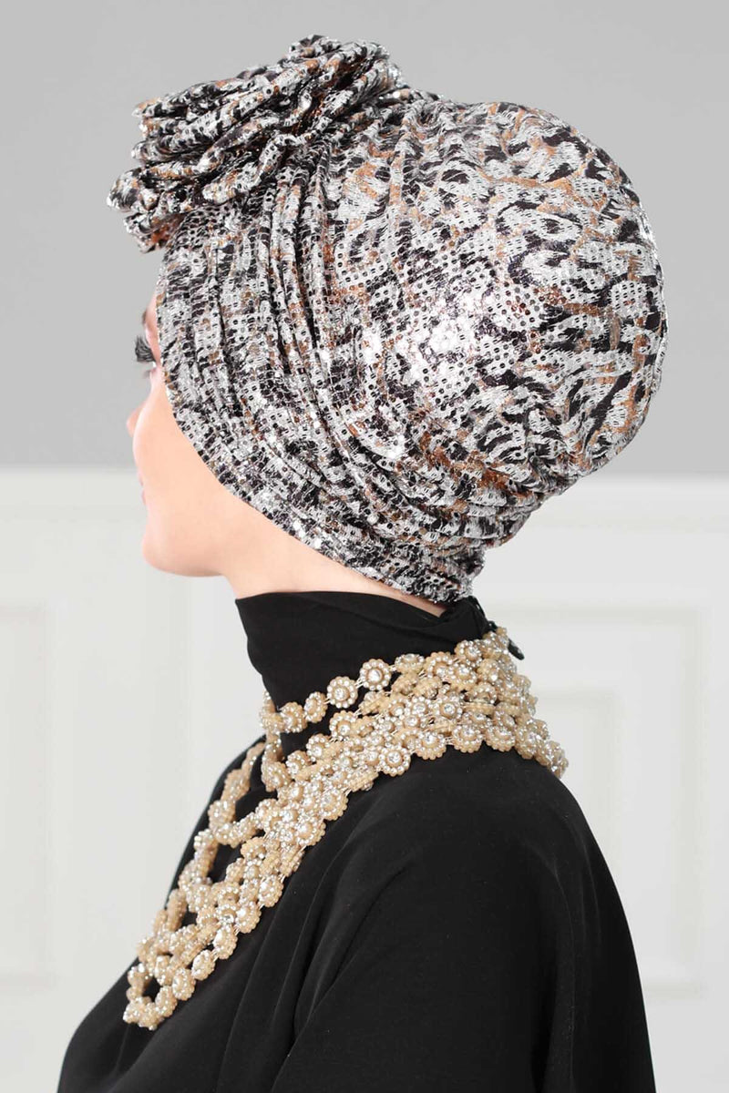 Sequined Rose Detail Instant Turban Hijab for Women, Glittering Fabric Pre-Tied Head Wrap Hijab, Fashionable Chemo & Alopecia Headwear,B-21K Silvery Grey-Brown