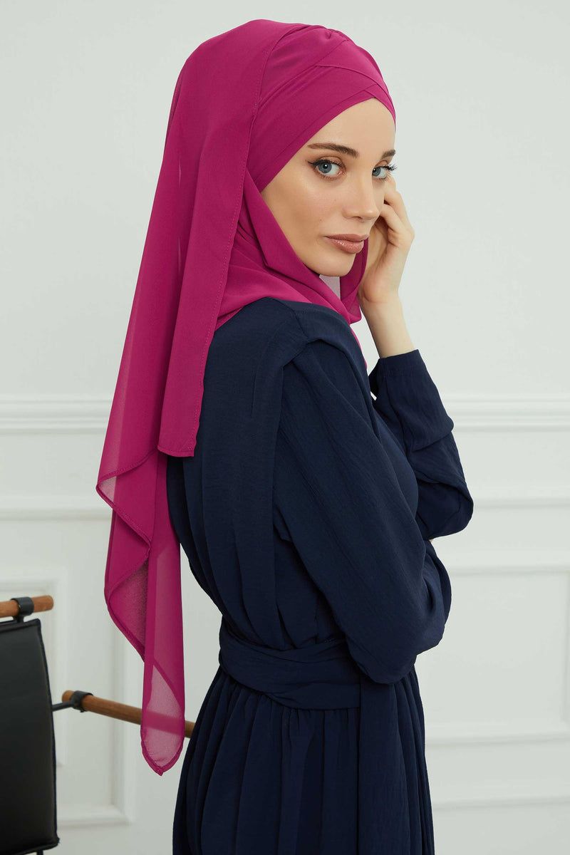 Instant Chiffon Shawl with Stylish Cross Stitching, Lightweight Cross-Stitched Chiffon Shawl, Stylish Instant Hijab Scarf for Women,CPS-502 Fuchsia
