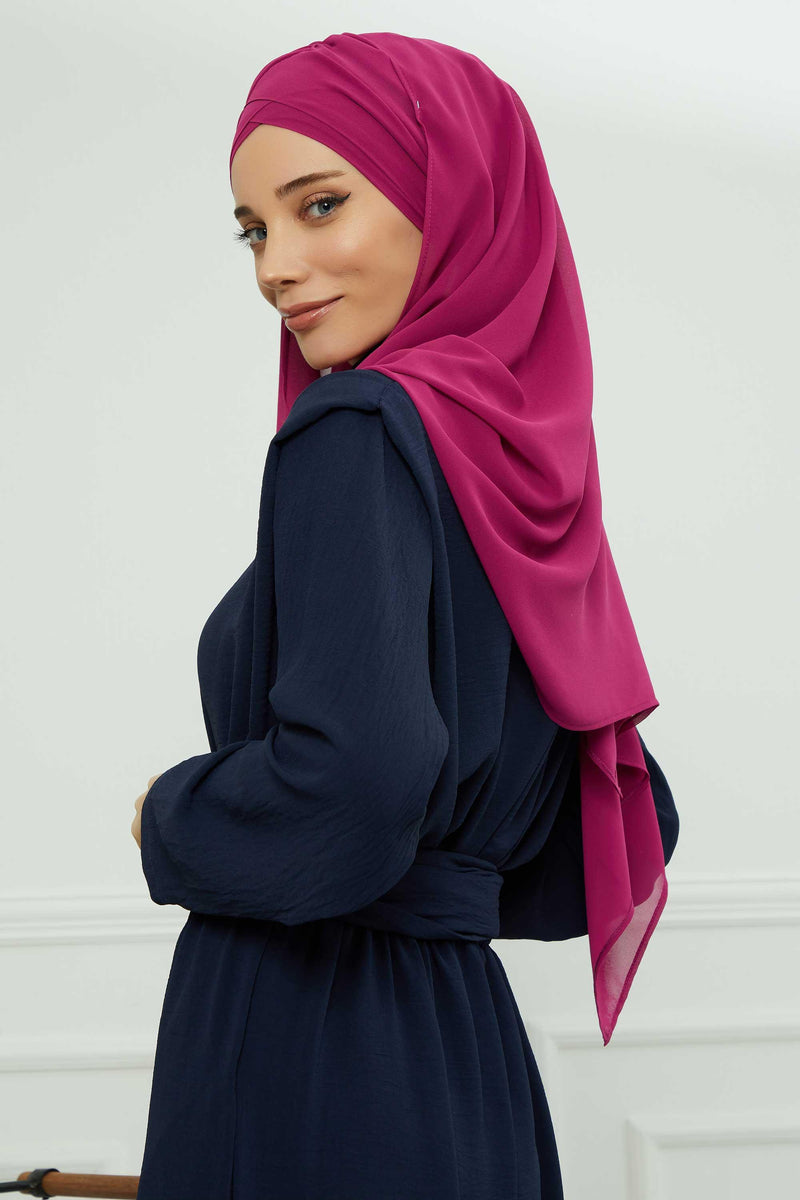 Instant Chiffon Shawl with Stylish Cross Stitching, Lightweight Cross-Stitched Chiffon Shawl, Stylish Instant Hijab Scarf for Women,CPS-502 Fuchsia