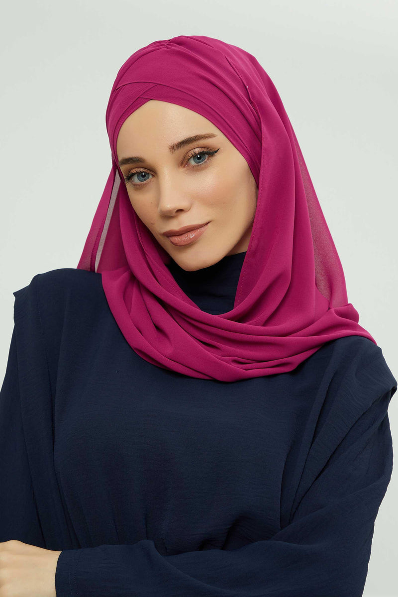 Instant Chiffon Shawl with Stylish Cross Stitching, Lightweight Cross-Stitched Chiffon Shawl, Stylish Instant Hijab Scarf for Women,CPS-502 Fuchsia