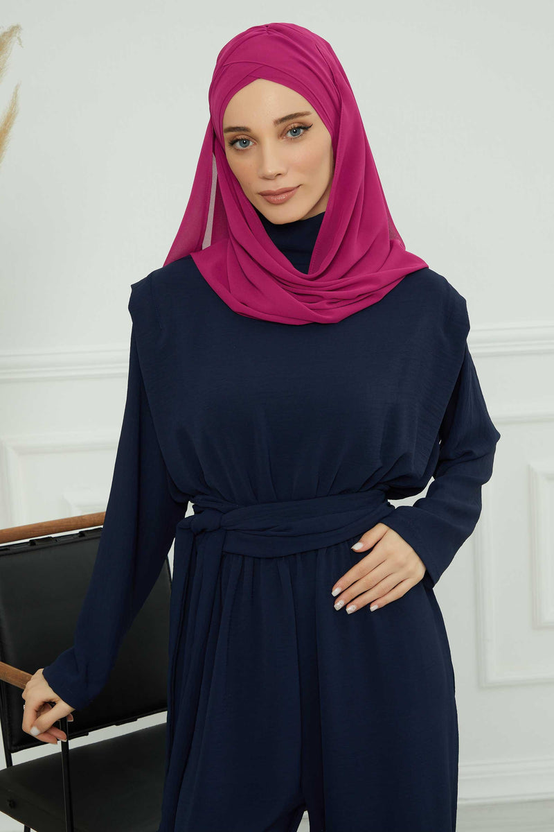 Instant Chiffon Shawl with Stylish Cross Stitching, Lightweight Cross-Stitched Chiffon Shawl, Stylish Instant Hijab Scarf for Women,CPS-502 Fuchsia