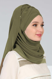 Instant Chiffon Shawl with Stylish Cross Stitching, Lightweight Cross-Stitched Chiffon Shawl, Stylish Instant Hijab Scarf for Women,CPS-502 Army Green
