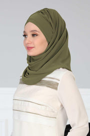 Instant Chiffon Shawl with Stylish Cross Stitching, Lightweight Cross-Stitched Chiffon Shawl, Stylish Instant Hijab Scarf for Women,CPS-502 Army Green