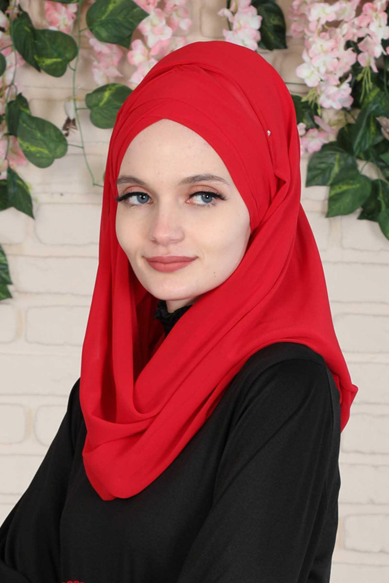 Instant Chiffon Shawl with Stylish Cross Stitching, Lightweight Cross-Stitched Chiffon Shawl, Stylish Instant Hijab Scarf for Women,CPS-502 Red
