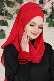Instant Chiffon Shawl with Stylish Cross Stitching, Lightweight Cross-Stitched Chiffon Shawl, Stylish Instant Hijab Scarf for Women,CPS-502 Red