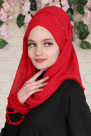 Instant Chiffon Shawl with Stylish Cross Stitching, Lightweight Cross-Stitched Chiffon Shawl, Stylish Instant Hijab Scarf for Women,CPS-502 Red