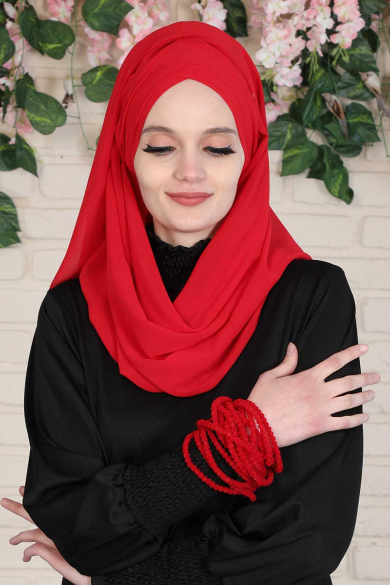 Instant Chiffon Shawl with Stylish Cross Stitching, Lightweight Cross-Stitched Chiffon Shawl, Stylish Instant Hijab Scarf for Women,CPS-502 Red