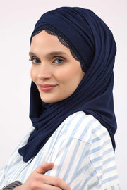 Instant Shawl for Women %95 Cotton Modesty Turban Lace Detailed Head Wrap Scarf Front Trimmed,CPS-48 Navy Blue