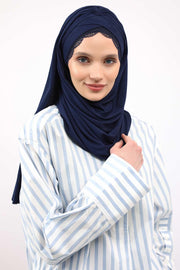 Instant Shawl for Women %95 Cotton Modesty Turban Lace Detailed Head Wrap Scarf Front Trimmed,CPS-48 Navy Blue