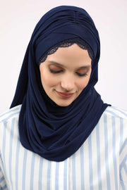 Instant Shawl for Women %95 Cotton Modesty Turban Lace Detailed Head Wrap Scarf Front Trimmed,CPS-48 Navy Blue