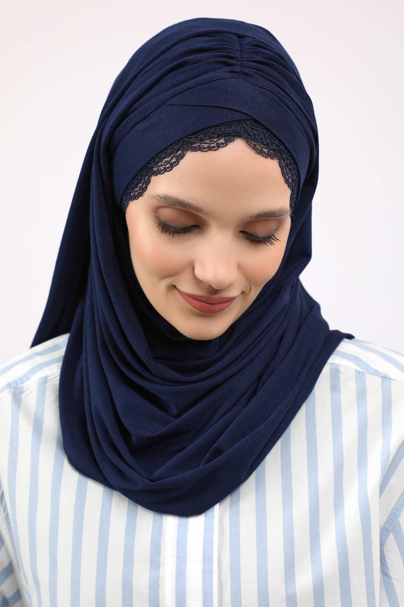 Instant Shawl for Women %95 Cotton Modesty Turban Lace Detailed Head Wrap Scarf Front Trimmed,CPS-48 Navy Blue