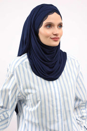 Instant Shawl for Women %95 Cotton Modesty Turban Lace Detailed Head Wrap Scarf Front Trimmed,CPS-48 Navy Blue