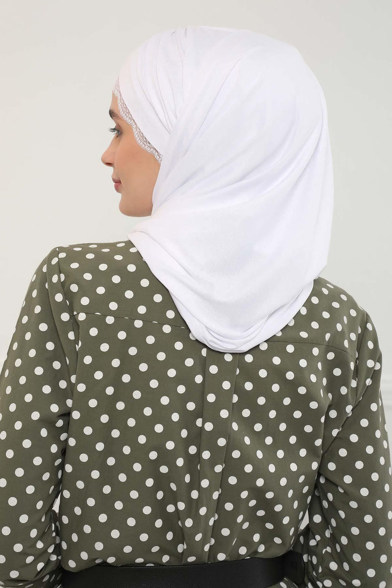 Instant Shawl for Women %95 Cotton Modesty Turban Lace Detailed Head Wrap Scarf Front Trimmed,CPS-48 White