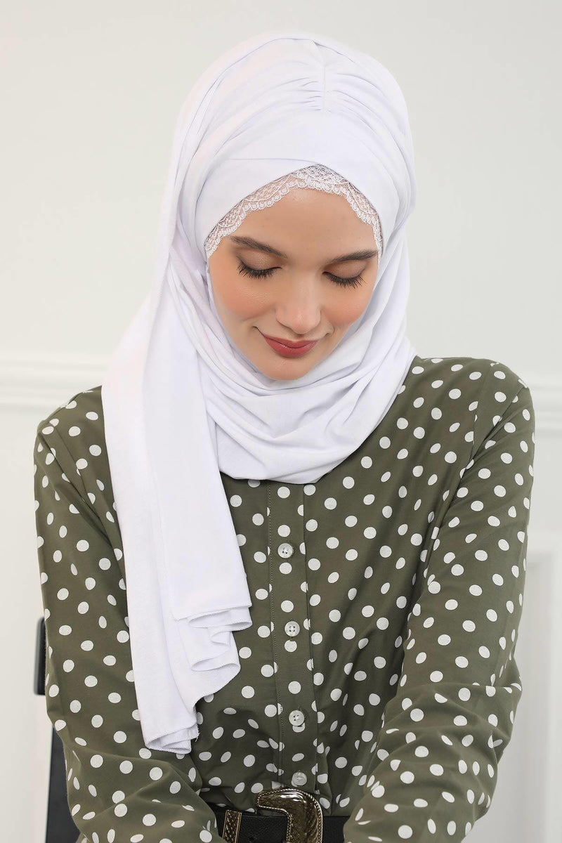 Instant Shawl for Women %95 Cotton Modesty Turban Lace Detailed Head Wrap Scarf Front Trimmed,CPS-48 White