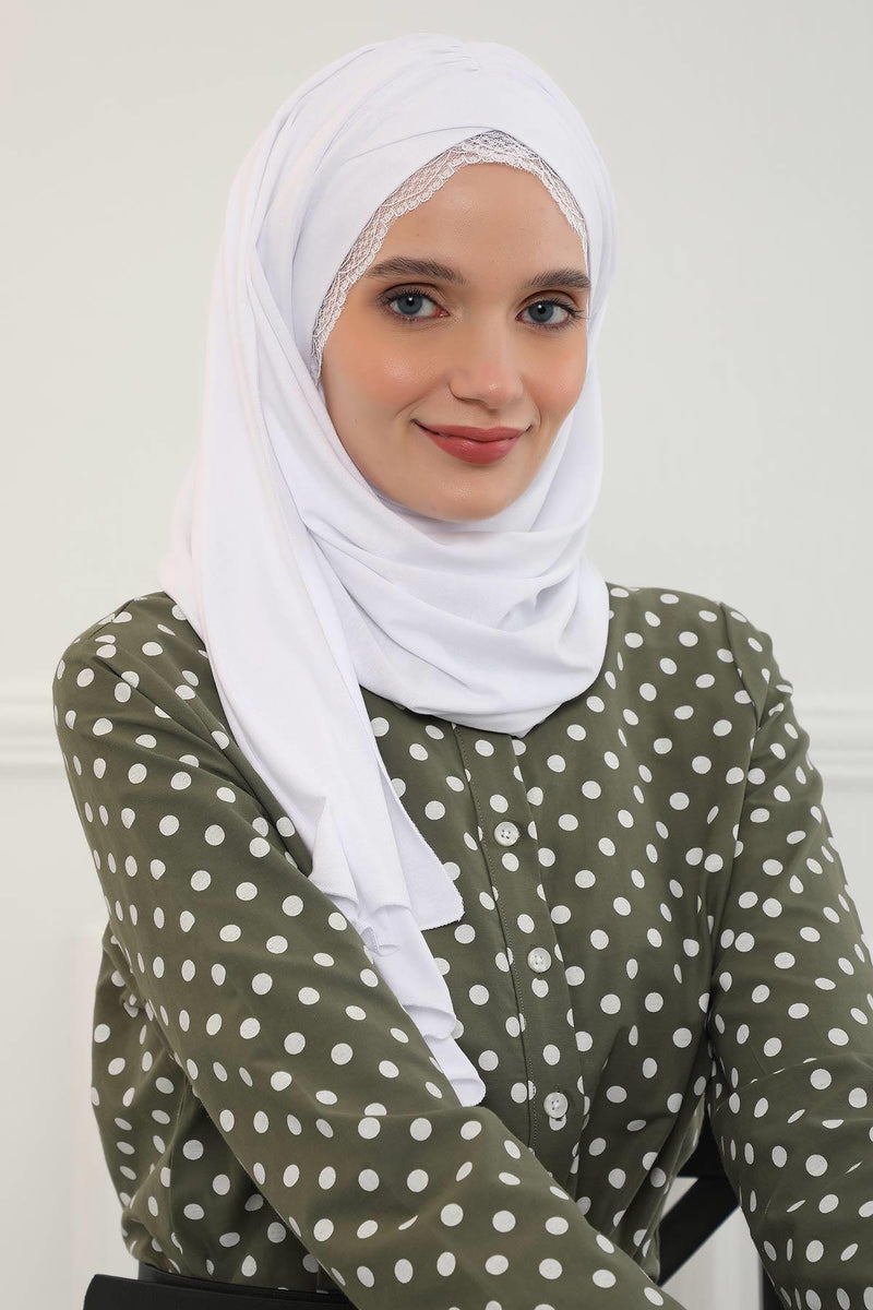 Instant Shawl for Women %95 Cotton Modesty Turban Lace Detailed Head Wrap Scarf Front Trimmed,CPS-48 White